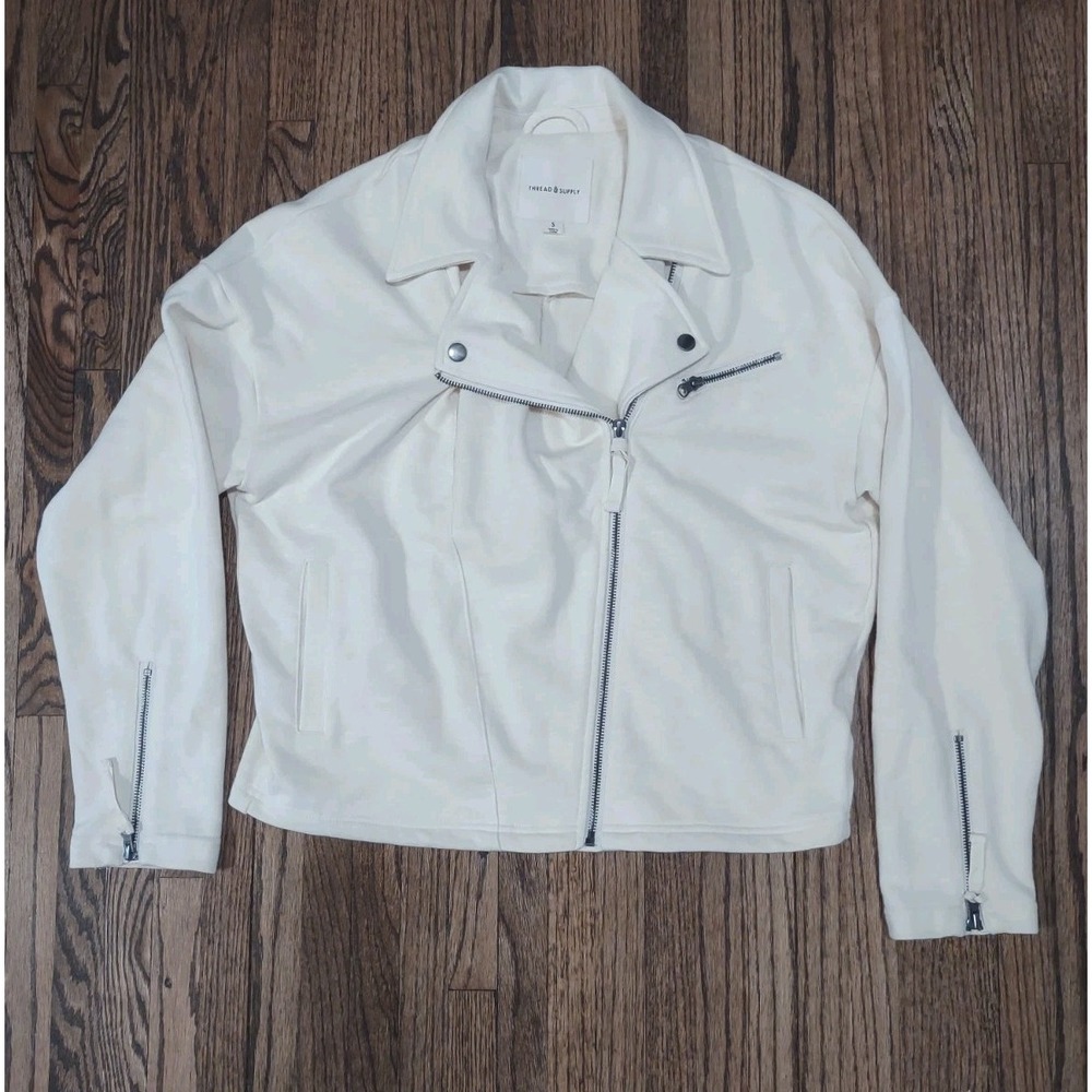Thread & Supply Knit Moto Jacket Womens Small Off White Cream Sweatshirt Zip S